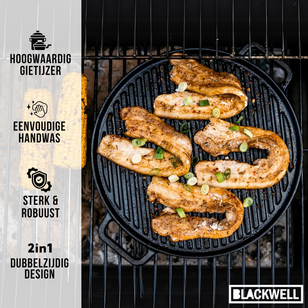 Blackwell Dutch Oven BBQ Gietijzer Set 4-Delig - Braadpan + Lifter, Koekenpan ø 20 cm & Grillplaat ø 30 cm - geschikt voor alle warmtebronnen - zonder anti-aanbaklaag