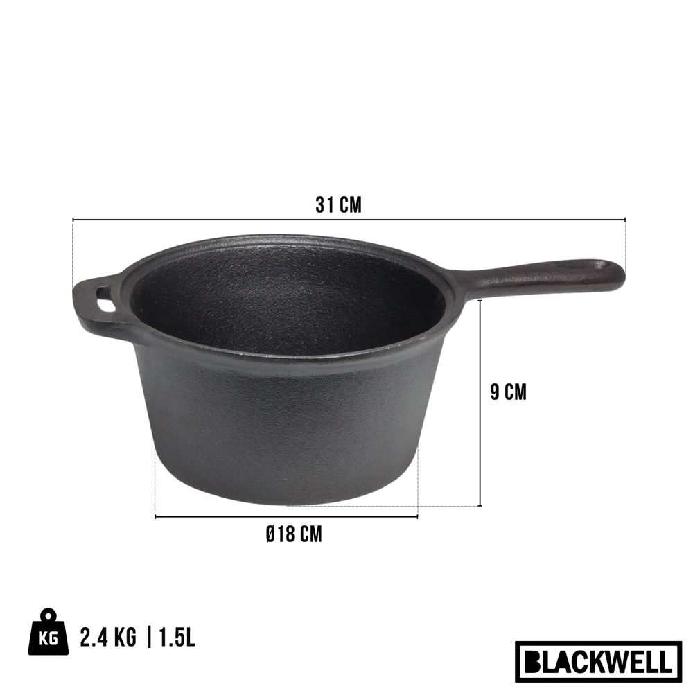 Blackwell Dutch Oven BBQ Gietijzer Set 4-Delig Braadpan + Lifter, Koekenpan ø 20 cm & Steelpan 18 cm - geschikt voor alle warmtebronnen - zonder anti-aanbaklaag
