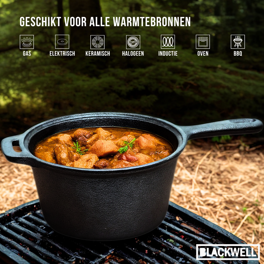 Blackwell Dutch Oven BBQ Gietijzer Set 4-Delig Braadpan + Lifter, Koekenpan ø 20 cm & Steelpan 18 cm - geschikt voor alle warmtebronnen - zonder anti-aanbaklaag