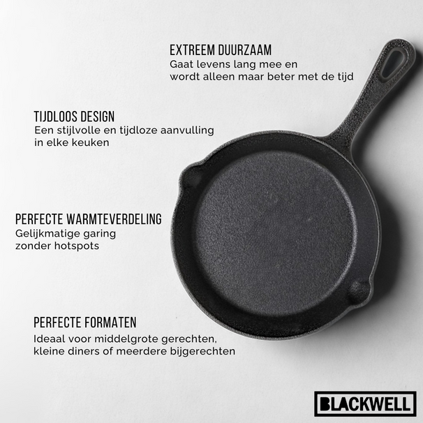 Blackwell Pannenset Gietijzer 4-Delig Koekenpan 16, 20 & 25 cm & Grillplaat ø 30 cm - geschikt voor alle warmtebronnen - zonder anti-aanbaklaag