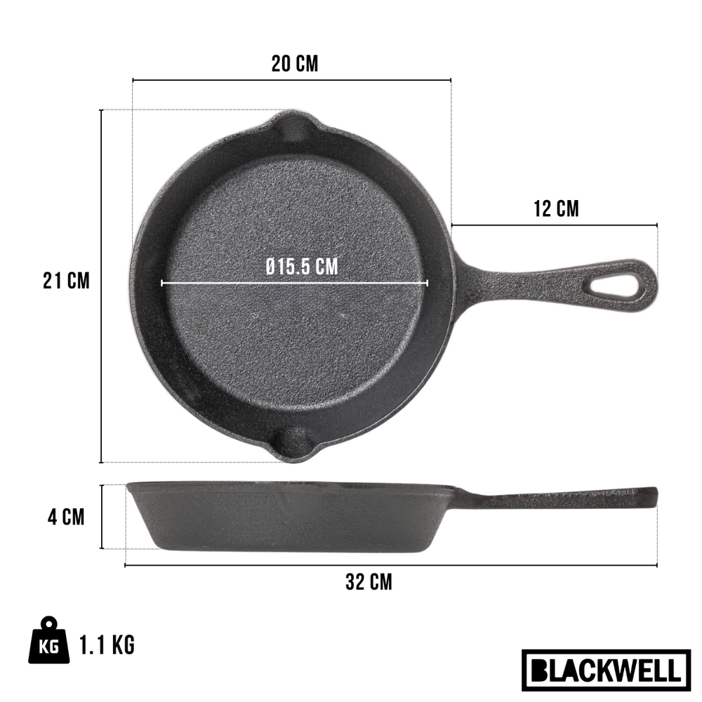 Blackwell Koekenpan Skillet Gietijzer ø 20 cm - geschikt voor alle warmtebronnen - zonder anti-aanbaklaag
