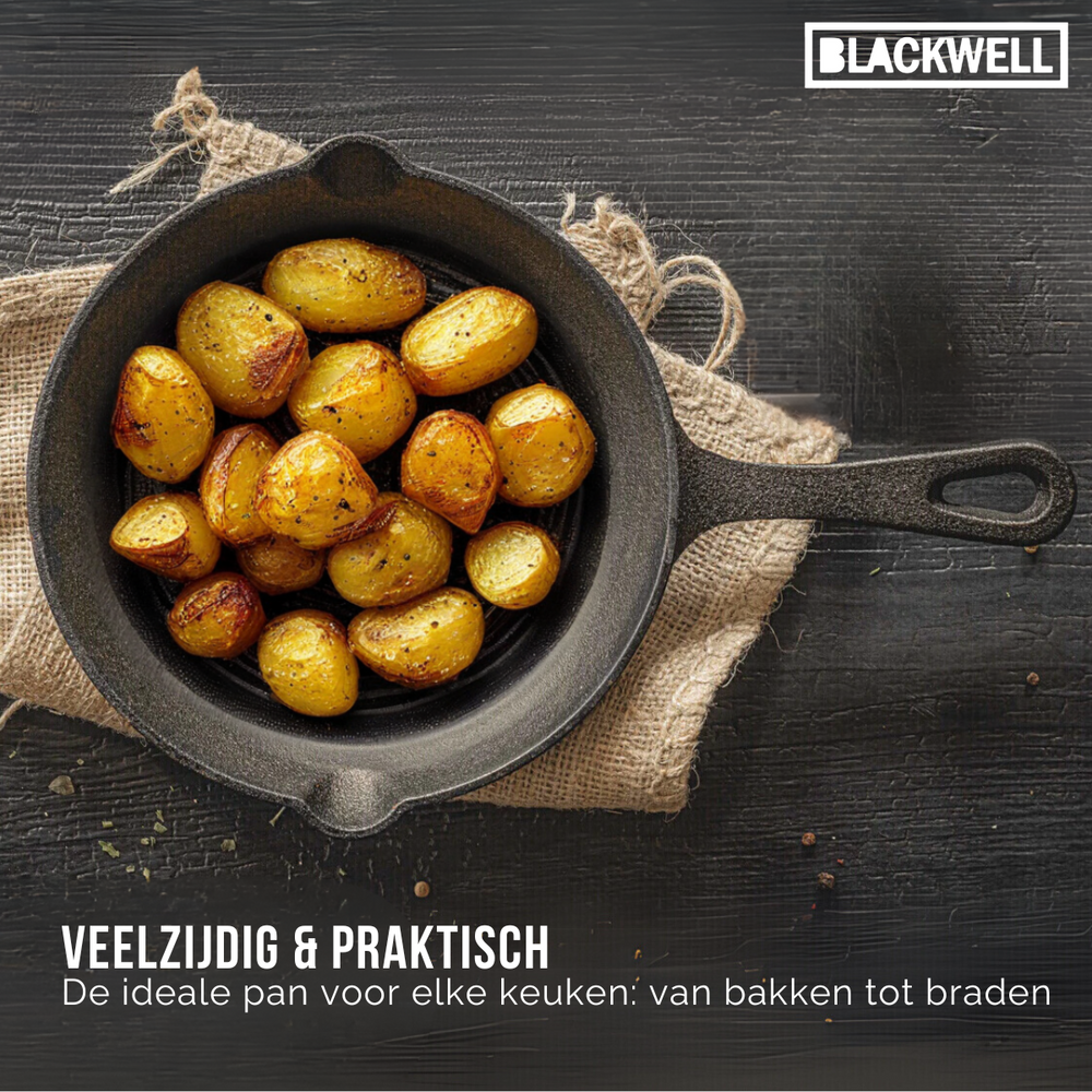 Blackwell Dutch Oven BBQ Gietijzer Set 4-Delig Braadpan + Lifter, Koekenpan ø 20 cm & Steelpan 18 cm - geschikt voor alle warmtebronnen - zonder anti-aanbaklaag