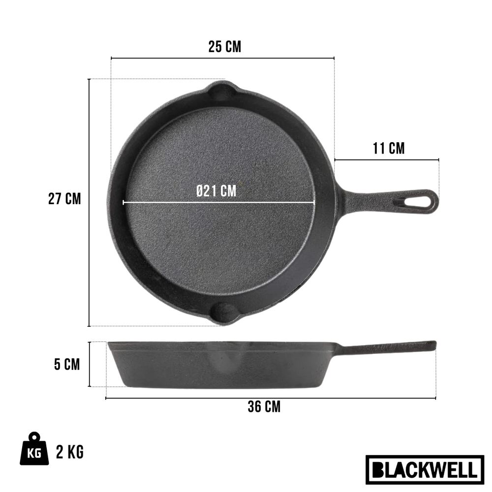 Blackwell Dutch Oven BBQ Gietijzer Set 4-Delig Braadpan + Lifter, Koekenpan ø 20 cm & Steelpan 18 cm - geschikt voor alle warmtebronnen - zonder anti-aanbaklaag
