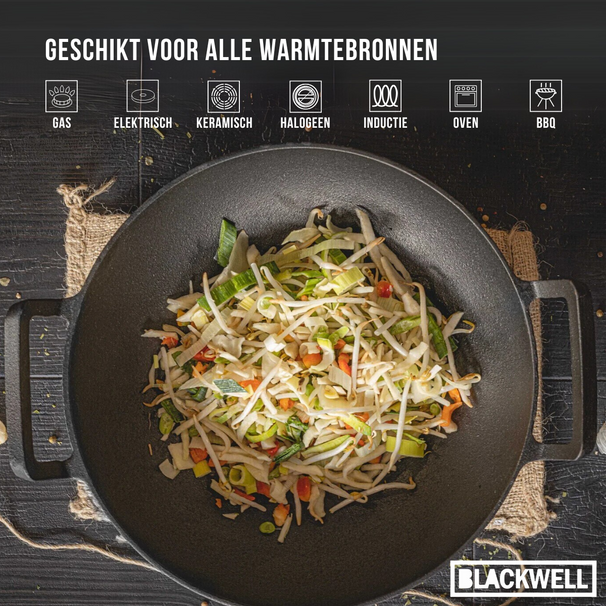 Blackwell Pannenset Gietijzer 3-Delig Grillpan 23 x 23 cm, Koekenpan ø 25 cm & Wok ø 32 cm - geschikt voor alle warmtebronnen - zonder anti-aanbaklaag