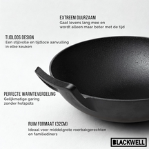Blackwell Pannenset Gietijzer 3-Delig Grillpan 23 x 23 cm, Koekenpan ø 25 cm & Wok ø 32 cm - geschikt voor alle warmtebronnen - zonder anti-aanbaklaag