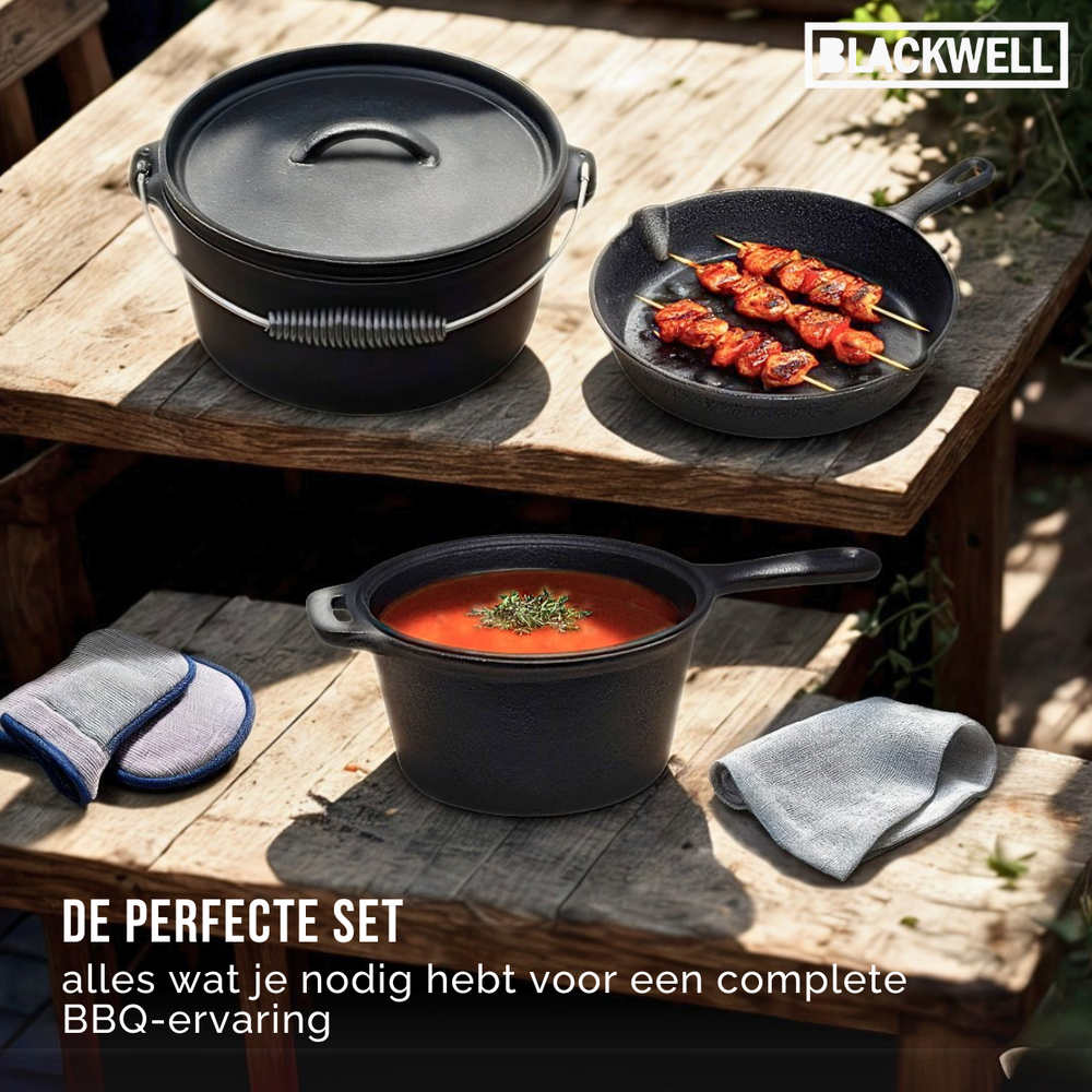 Blackwell Dutch Oven BBQ Gietijzer Set 4-Delig Braadpan + Lifter, Koekenpan ø 20 cm & Steelpan 18 cm - geschikt voor alle warmtebronnen - zonder anti-aanbaklaag