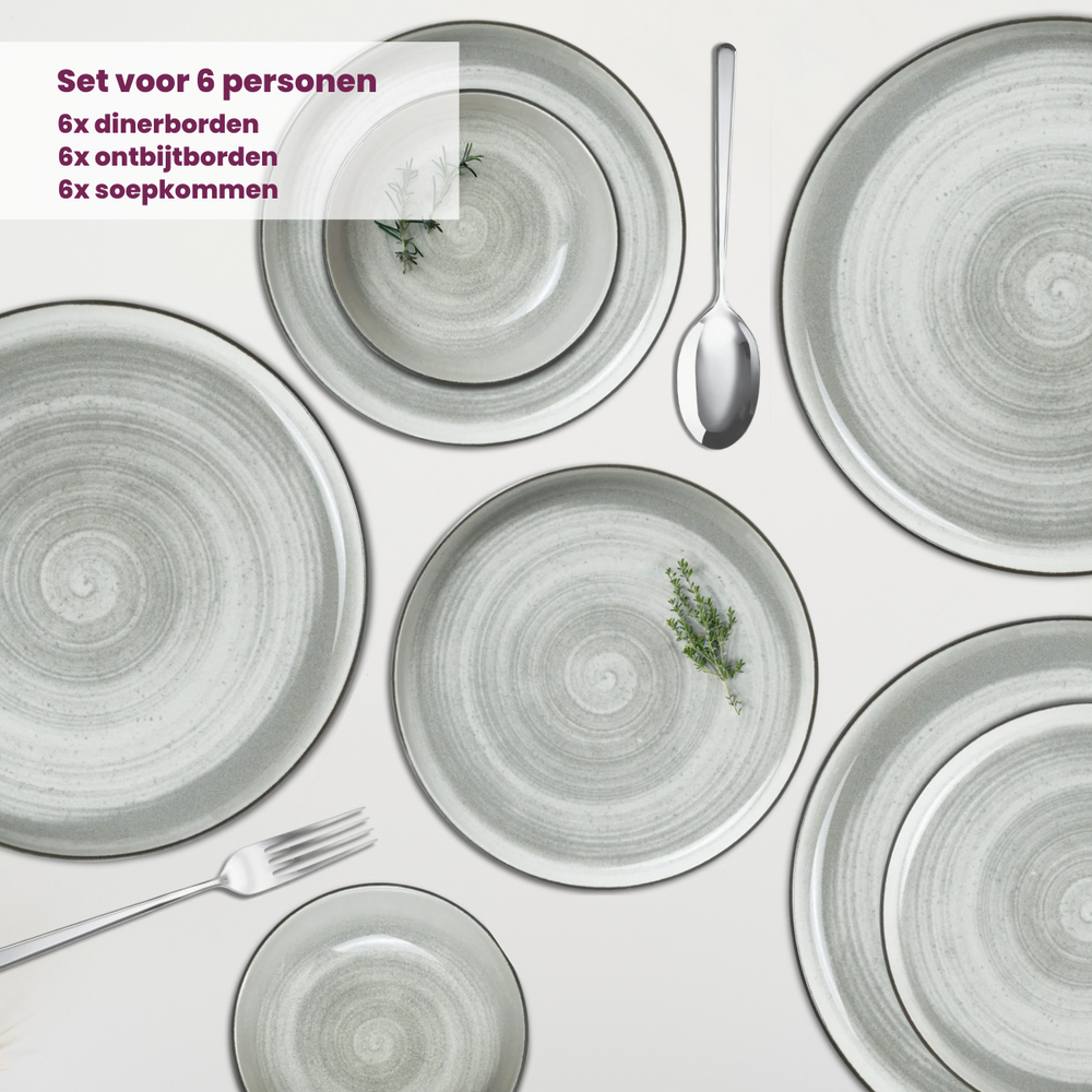 Cosy & Trendy Serviesset Baltic Grey 18-delig / 6 personen - 6 dinerborden, 6 ontbijtborden en 6 kommen