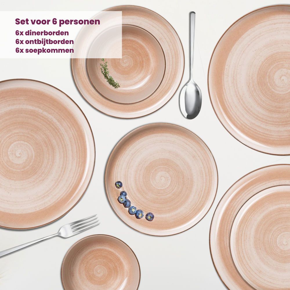 Cosy & Trendy Serviesset Baltic Peach 18-delig / 6 personen - 6 dinerborden, 6 ontbijtborden en 6 kommen