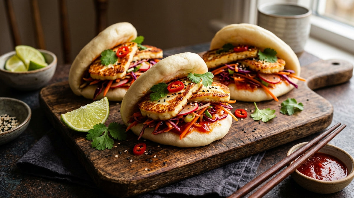 Zachte gestoomde buns met knapperige halloumi en een vurige Koreaanse salade