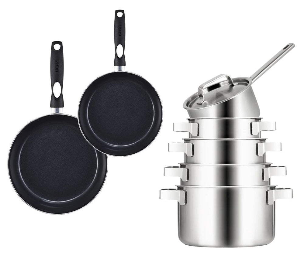 Sola Pannenset Ruby 7-Delig Premium Triply RVS - Kookpan ø 16, 18, 20 en 24 cm en Steelpan ø 16 cm & BEKA Koekenpannen Pro Induc ø 24 & 28 cm