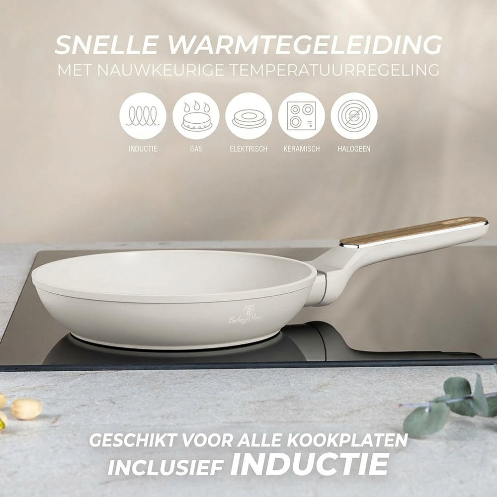 Berlinger Haus Sahara Nordic koekenpannenset 3-delig in mat crème met houtlook grepen: snelle warmtegeleiding, geschikt voor alle kookplaten inclusief inductie