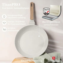 Berlinger Haus Sahara Nordic koekenpannenset 3-delig in mat crème met houtlook grepen: TitanPRO anti-aanbaklaag waar niets aan blijft plakken