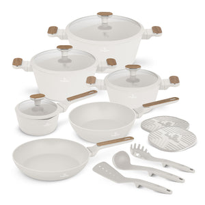 Berlinger Haus Sahara Nordic pannenset 11-delig in mat crème met houtlook grepen, vrijstaand op een witte achtergrond