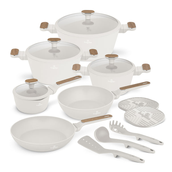 Berlinger Haus Pannenset Nordic Mat Crème 11-Delig - Kookpan ø 20, 24, 28 cm, Koekenpan ø 24, 28 cm & Steelpan ø 16 cm - geschikt voor alle warmtebronnen