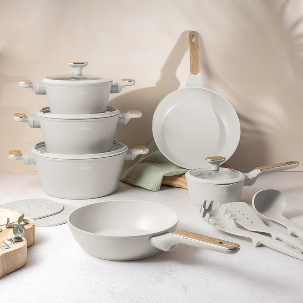 Berlinger Haus Pannenset Nordic Mat Crème 11-Delig - Kookpan ø 20, 24, 28 cm, Koekenpan ø 24, 28 cm & Steelpan ø 16 cm - geschikt voor alle warmtebronnen