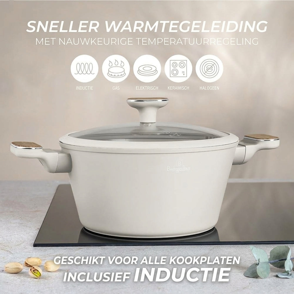 Berlinger Haus Sahara Nordic pannenset 7-delig in mat crème met houtlook grepen: snelle warmtegeleiding, geschikt voor alle kookplaten inclusief inductie