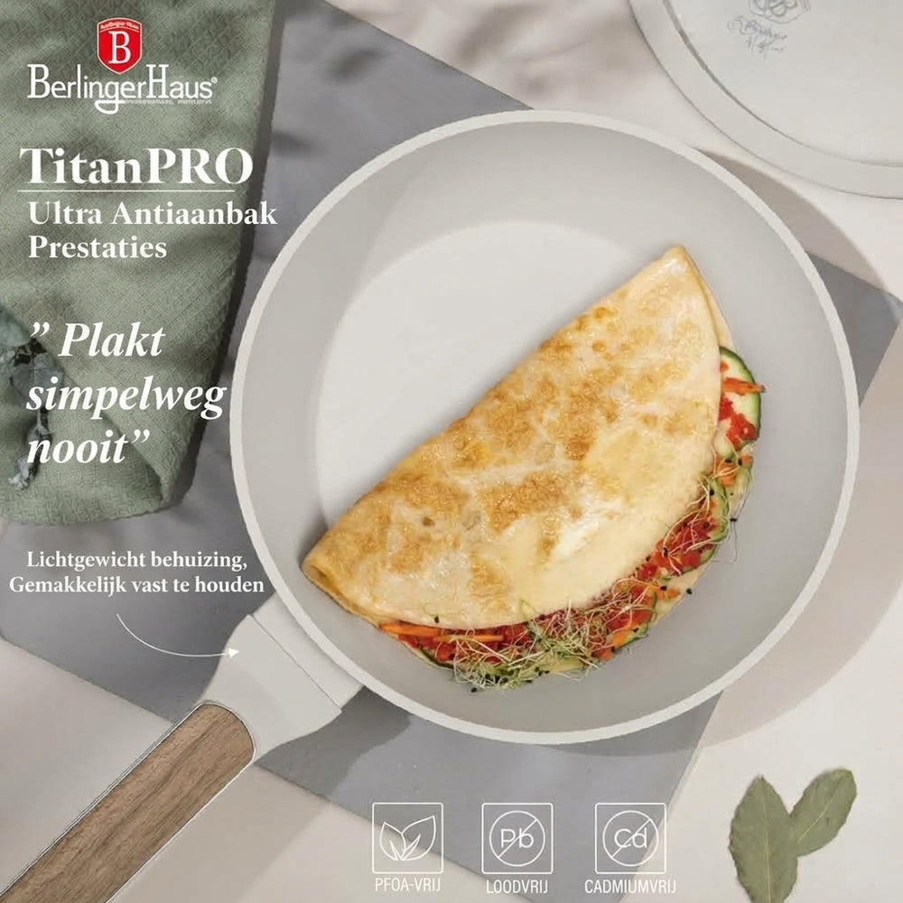 Berlinger Haus Sahara Nordic pannenset 7-delig in mat crème met houtlook grepen: TitanPRO anti-aanbaklaag waar niets aan blijft plakken