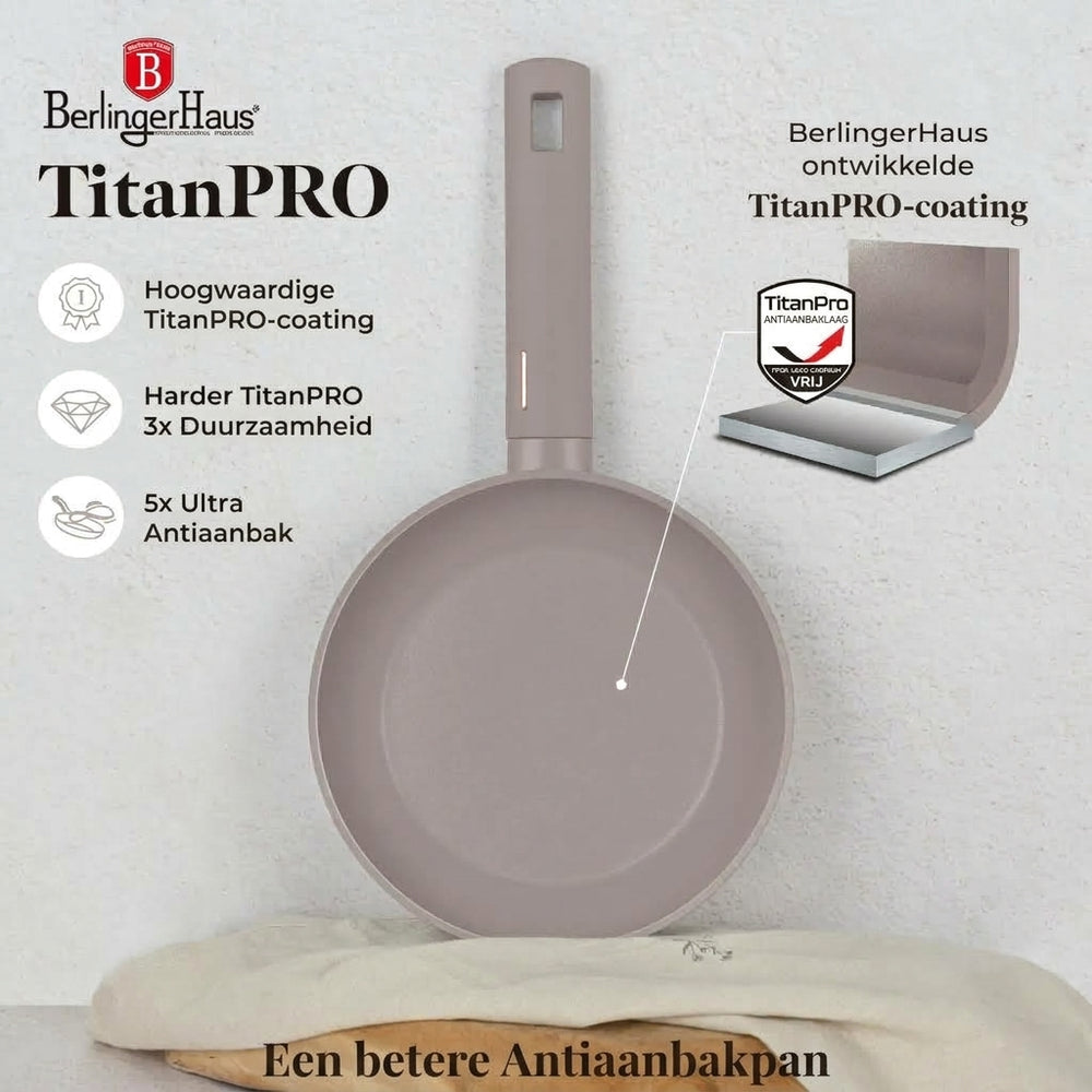 Berlinger Haus Taupe koekenpannenset 3-delig met grillpan in mat taupe: TitanPRO anti-aanbaklaag waar niets aan blijft plakken