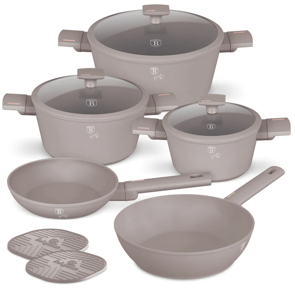 Berlinger Haus Taupe pannenset 7-delig in mat taupe, vrijstaand op een witte achtergrond