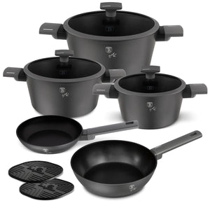 BerlingerHaus Pannenset Mat Antraciet 7-Delig - Kookpan ø 20, 24, 28 cm, Koekenpan ø 20 & 24 cm - geschikt voor alle warmtebronnen