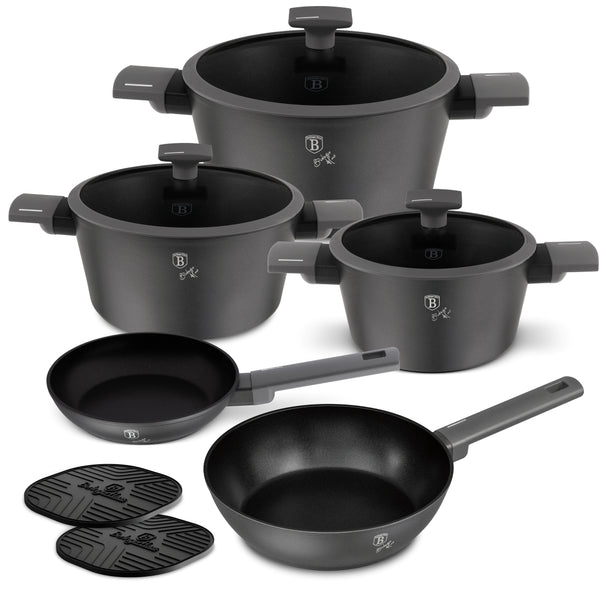 BerlingerHaus Pannenset Mat Antraciet 7-Delig - Kookpan ø 20, 24, 28 cm, Koekenpan ø 20 & 24 cm - geschikt voor alle warmtebronnen