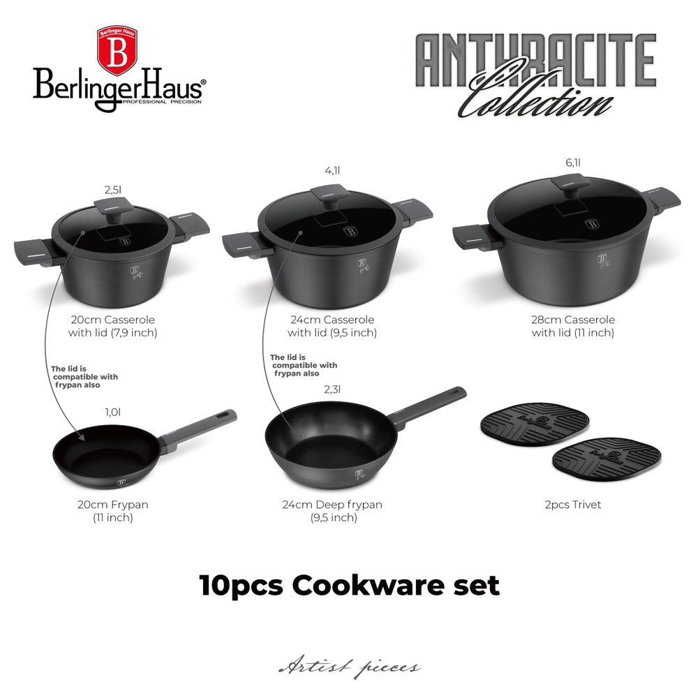 BerlingerHaus Pannenset Mat Antraciet 7-Delig - Kookpan ø 20, 24, 28 cm, Koekenpan ø 20 & 24 cm - geschikt voor alle warmtebronnen