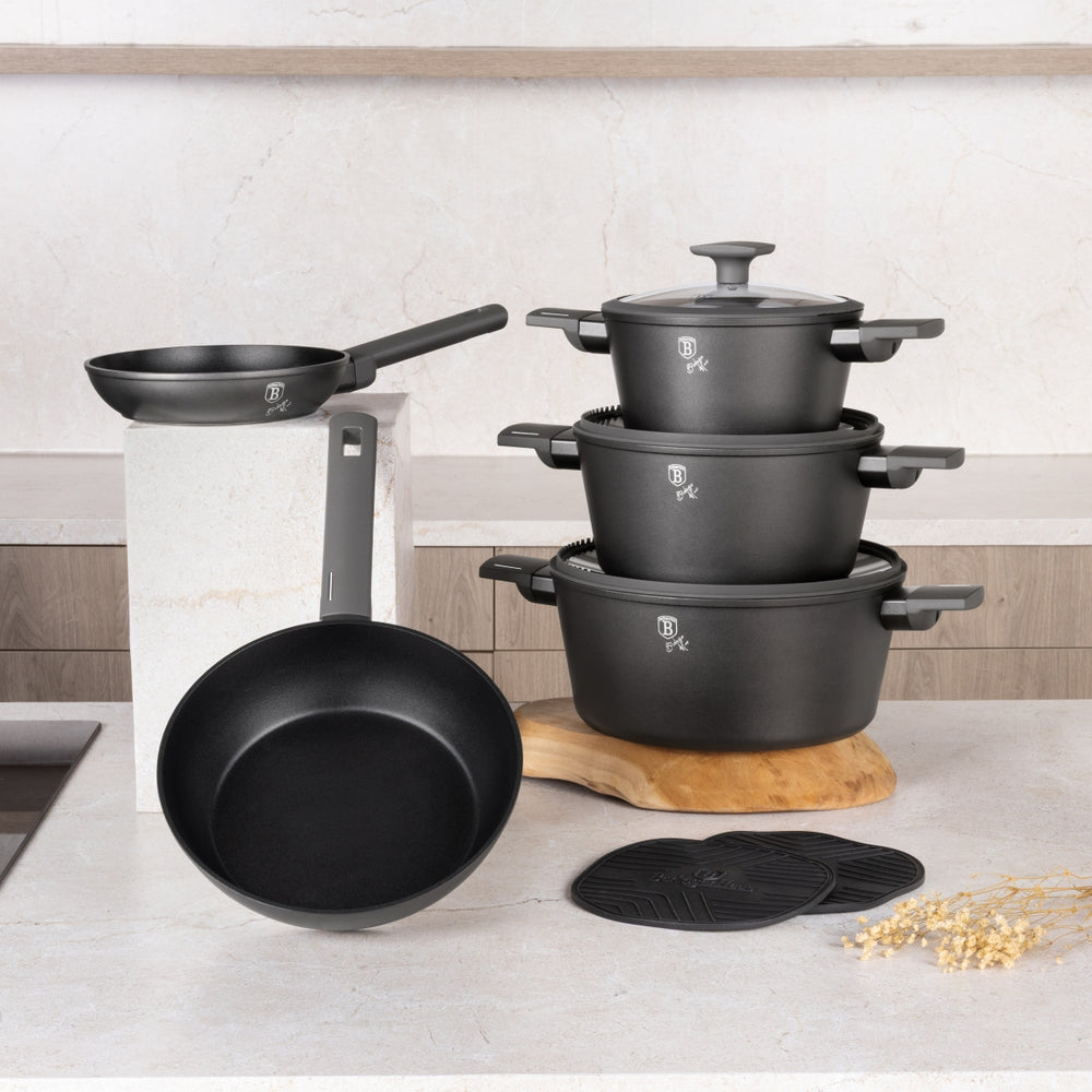 BerlingerHaus Pannenset Mat Antraciet 7-Delig - Kookpan ø 20, 24, 28 cm, Koekenpan ø 20 & 24 cm - geschikt voor alle warmtebronnen