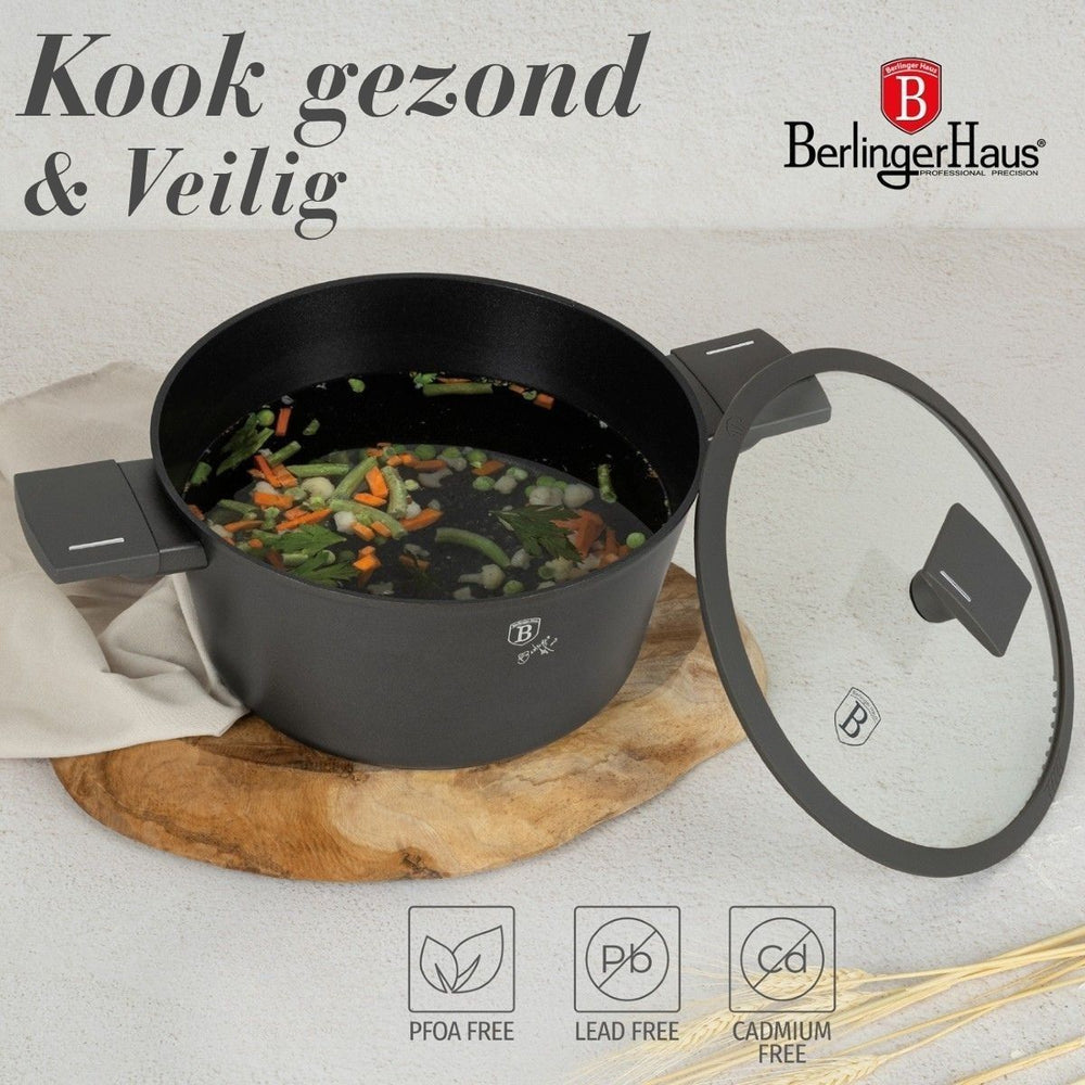 BerlingerHaus Pannenset Mat Antraciet 7-Delig - Kookpan ø 20, 24, 28 cm, Koekenpan ø 20 & 24 cm - geschikt voor alle warmtebronnen