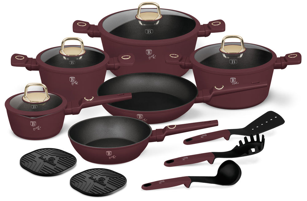 BerlingerHaus Pannenset Mat Bordeaux 11-Delig - Kookpan ø 20, 24, 28 cm, Koekenpan ø 24, 28 cm & Steelpan ø 16 cm - geschikt voor alle warmtebronnen
