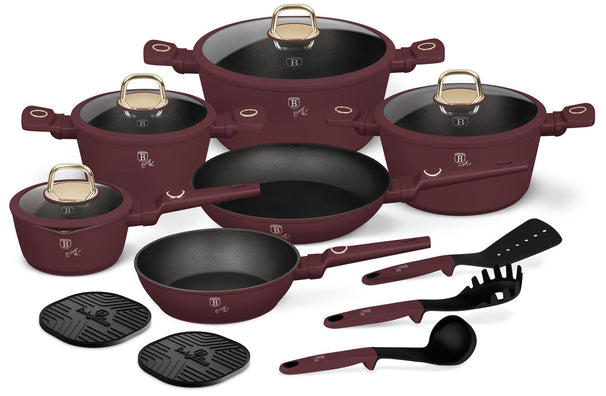 BerlingerHaus Pannenset Mat Bordeaux 11-Delig - Kookpan ø 20, 24, 28 cm, Koekenpan ø 24, 28 cm & Steelpan ø 16 cm - geschikt voor alle warmtebronnen