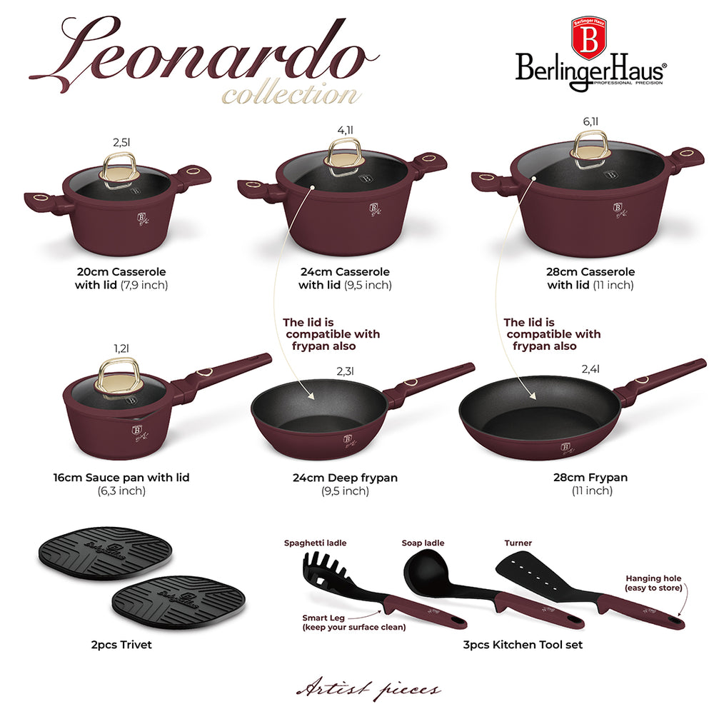 BerlingerHaus Pannenset Mat Bordeaux 11-Delig - Kookpan ø 20, 24, 28 cm, Koekenpan ø 24, 28 cm & Steelpan ø 16 cm - geschikt voor alle warmtebronnen