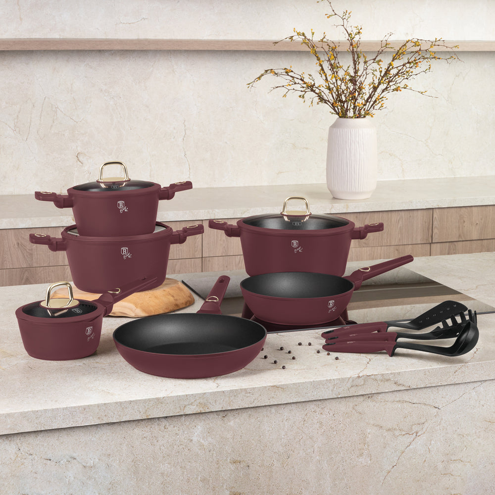 BerlingerHaus Pannenset Mat Bordeaux 11-Delig - Kookpan ø 20, 24, 28 cm, Koekenpan ø 24, 28 cm & Steelpan ø 16 cm - geschikt voor alle warmtebronnen