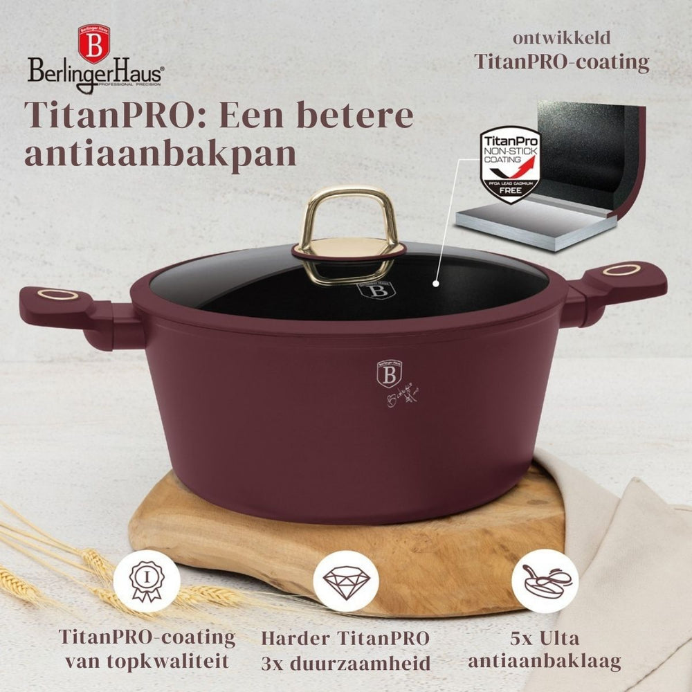 BerlingerHaus Pannenset Mat Bordeaux 11-Delig - Kookpan ø 20, 24, 28 cm, Koekenpan ø 24, 28 cm & Steelpan ø 16 cm - geschikt voor alle warmtebronnen