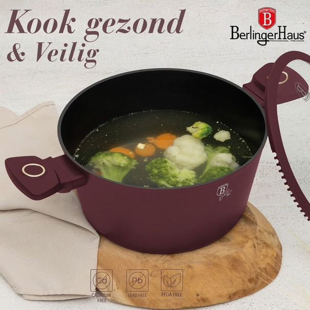BerlingerHaus Pannenset Mat Bordeaux 11-Delig - Kookpan ø 20, 24, 28 cm, Koekenpan ø 24, 28 cm & Steelpan ø 16 cm - geschikt voor alle warmtebronnen