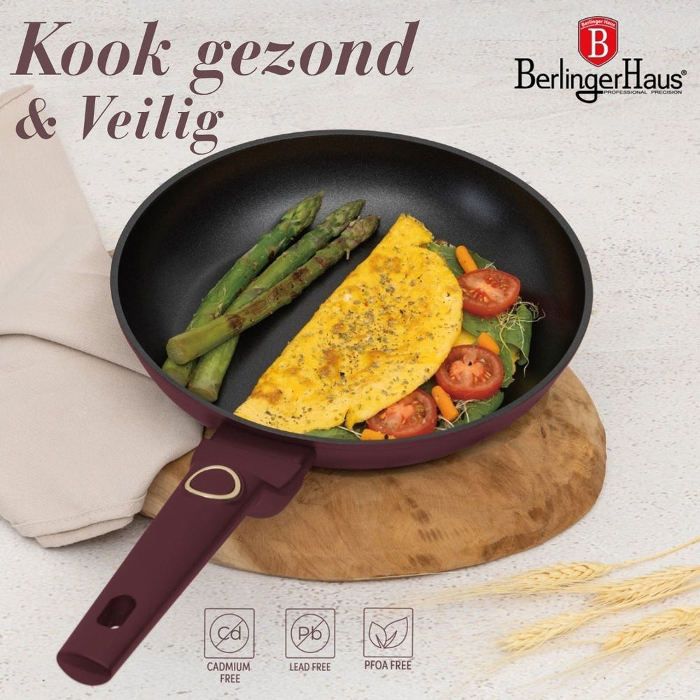 BerlingerHaus Pannenset Mat Bordeaux 11-Delig - Kookpan ø 20, 24, 28 cm, Koekenpan ø 24, 28 cm & Steelpan ø 16 cm - geschikt voor alle warmtebronnen