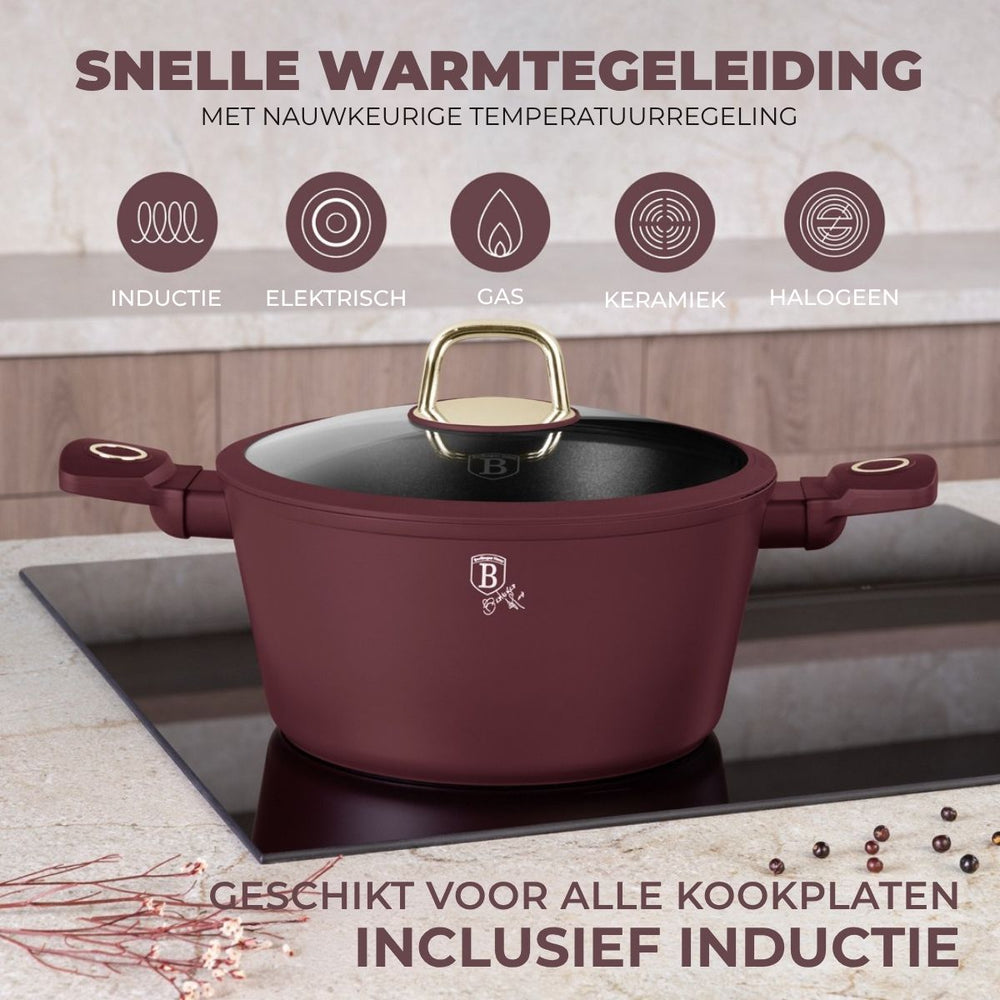 BerlingerHaus Pannenset Mat Bordeaux 11-Delig - Kookpan ø 20, 24, 28 cm, Koekenpan ø 24, 28 cm & Steelpan ø 16 cm - geschikt voor alle warmtebronnen