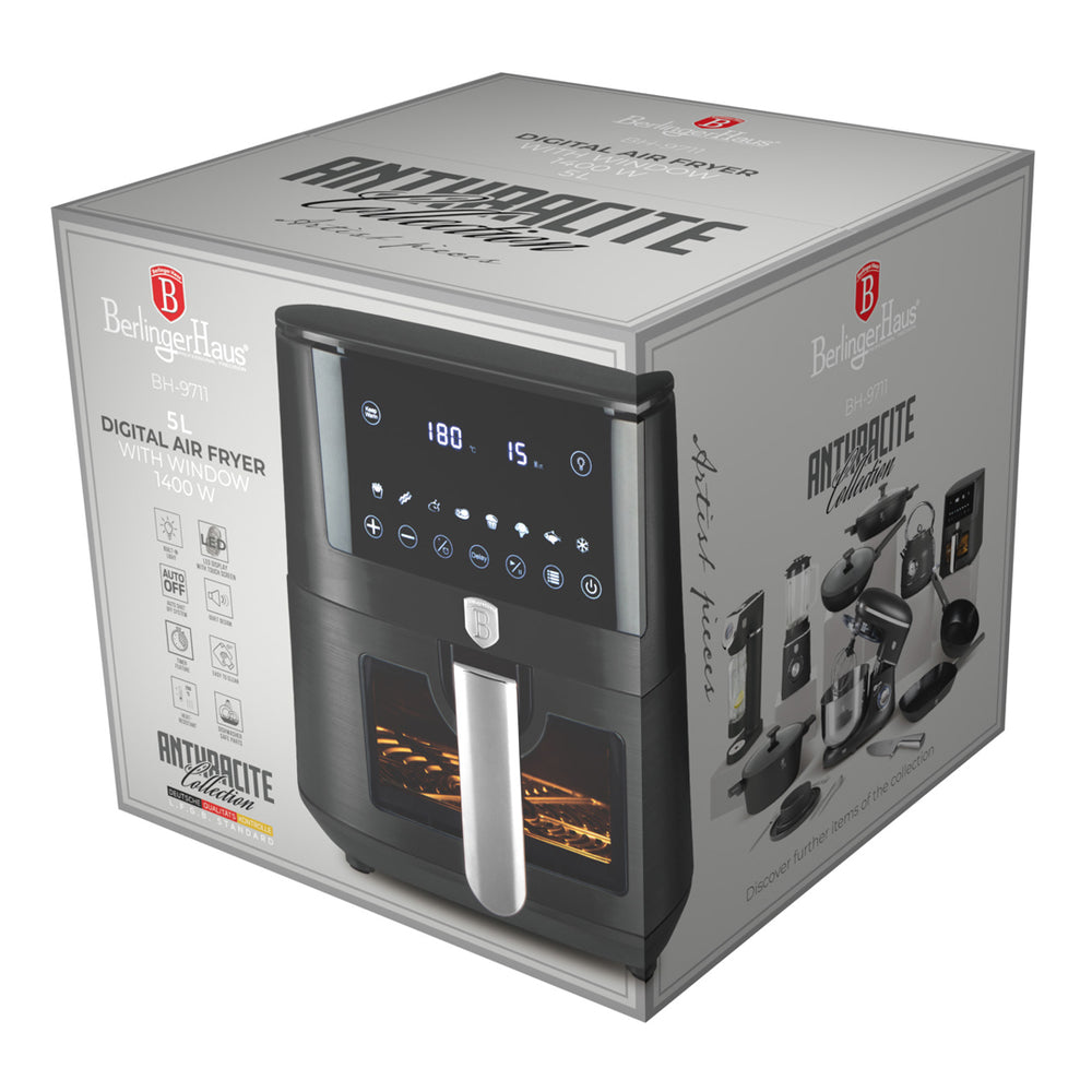 BerlingerHaus Airfryer XL Mat Antraciet - met Kijkvenster - 5 Liter - 1400W