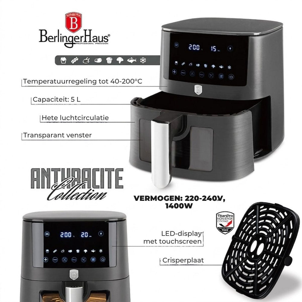 BerlingerHaus Airfryer XL Mat Antraciet - met Kijkvenster - 5 Liter - 1400W