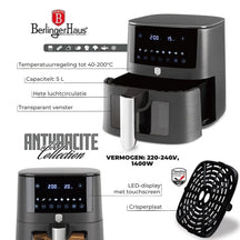 BerlingerHaus Airfryer XL Mat Antraciet - met Kijkvenster - 5 Liter - 1400W