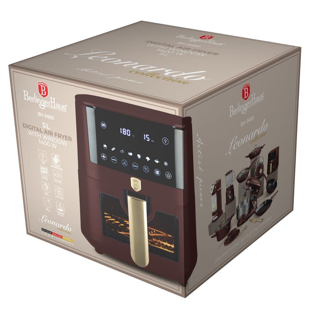 BerlingerHaus Airfryer XL Mat Bordeaux - met Kijkvenster - 5 Liter - 1400W