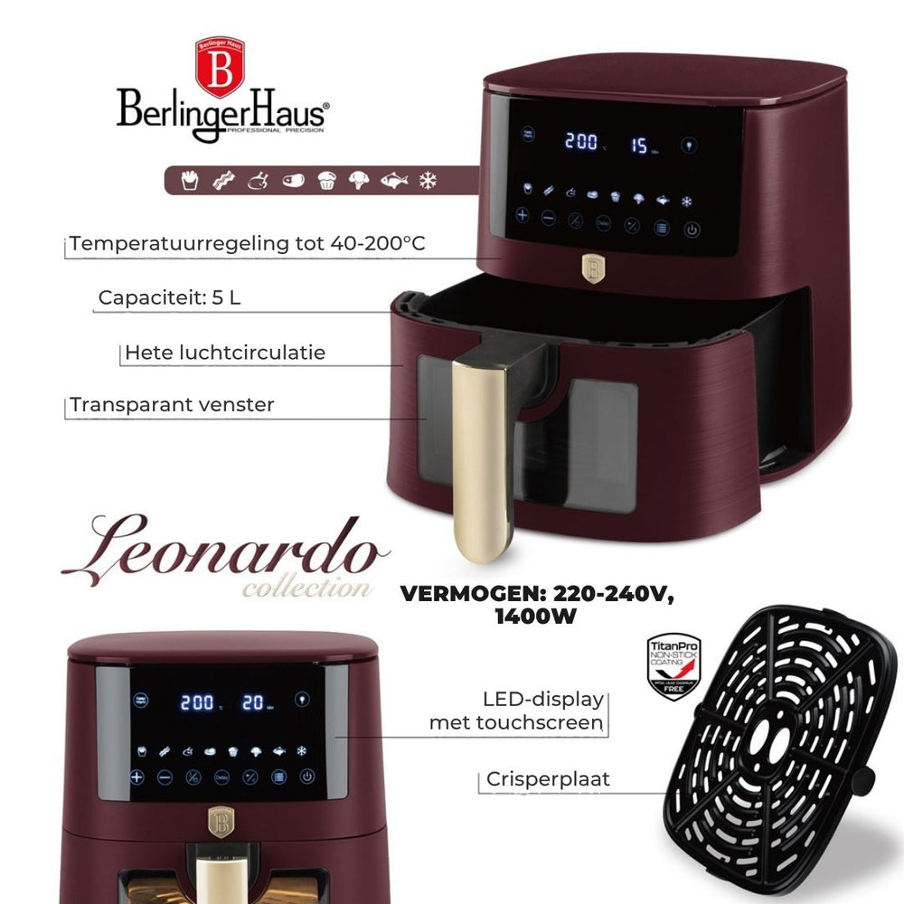 BerlingerHaus Airfryer XL Mat Bordeaux - met Kijkvenster - 5 Liter - 1400W