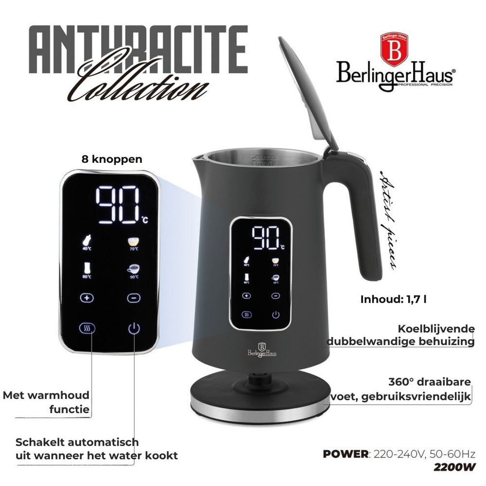 BerlingerHaus Waterkoker Digitaal Mat Antraciet - Temperatuurinstelling - 1.7 Liter - 2200W