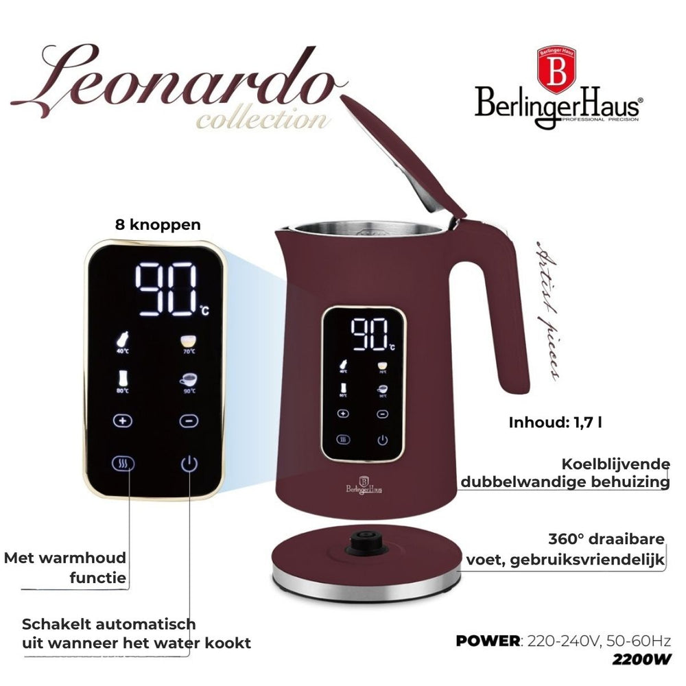 BerlingerHaus Waterkoker Digitaal Mat Bordeaux - Temperatuurinstelling - 1.7 Liter - 2200W