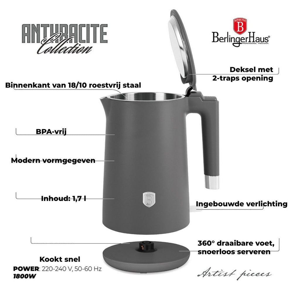 BerlingerHaus Waterkoker Dubbelwandig Mat Antraciet - 1.7 Liter - 1800W
