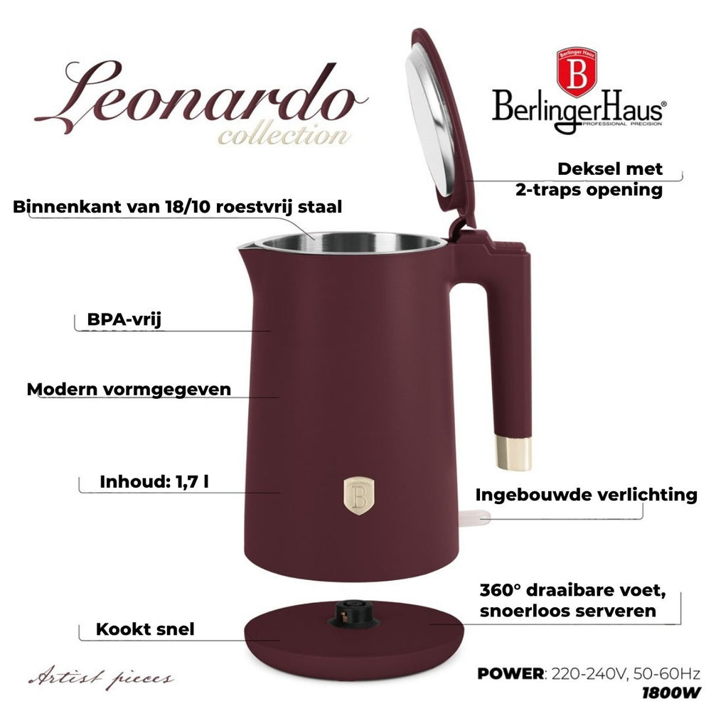 BerlingerHaus Waterkoker Dubbelwandig Mat Bordeaux - 1.7 Liter - 1800W