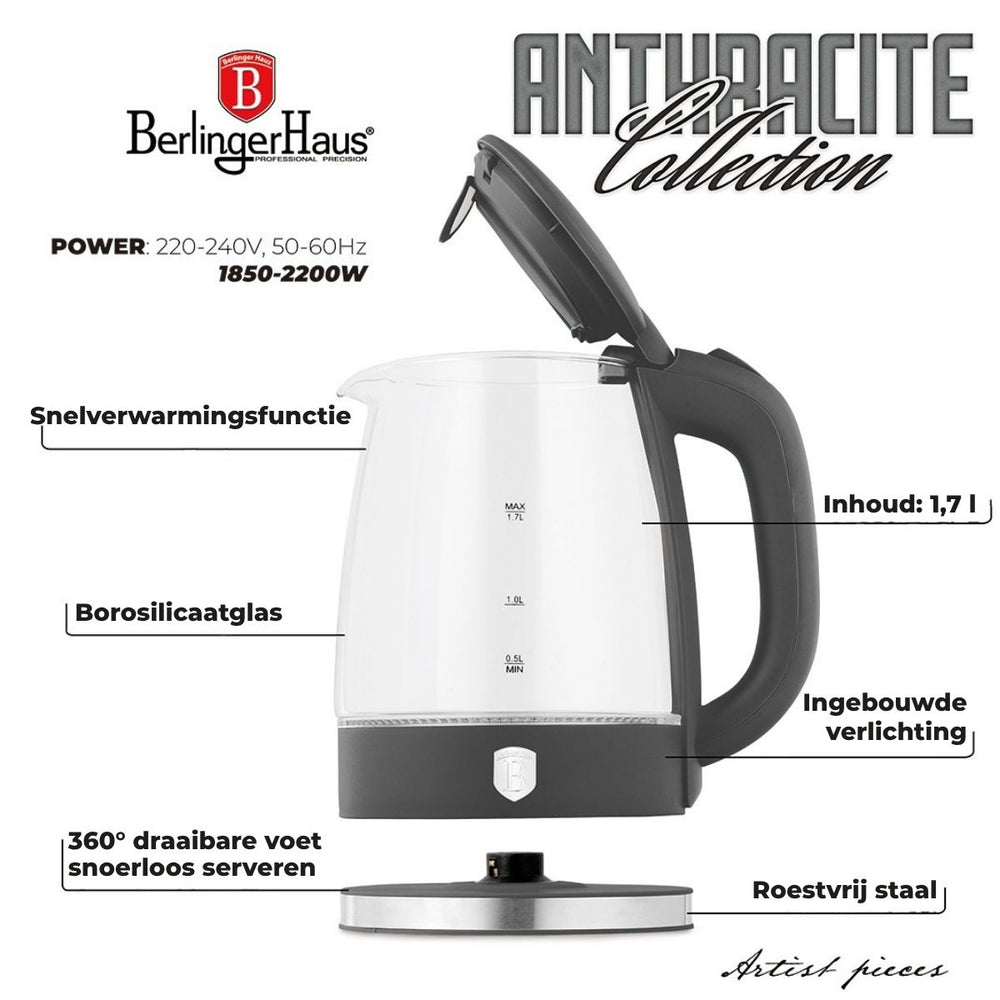 BerlingerHaus Waterkoker Glas Mat Antraciet - 1.7 Liter - 2200W