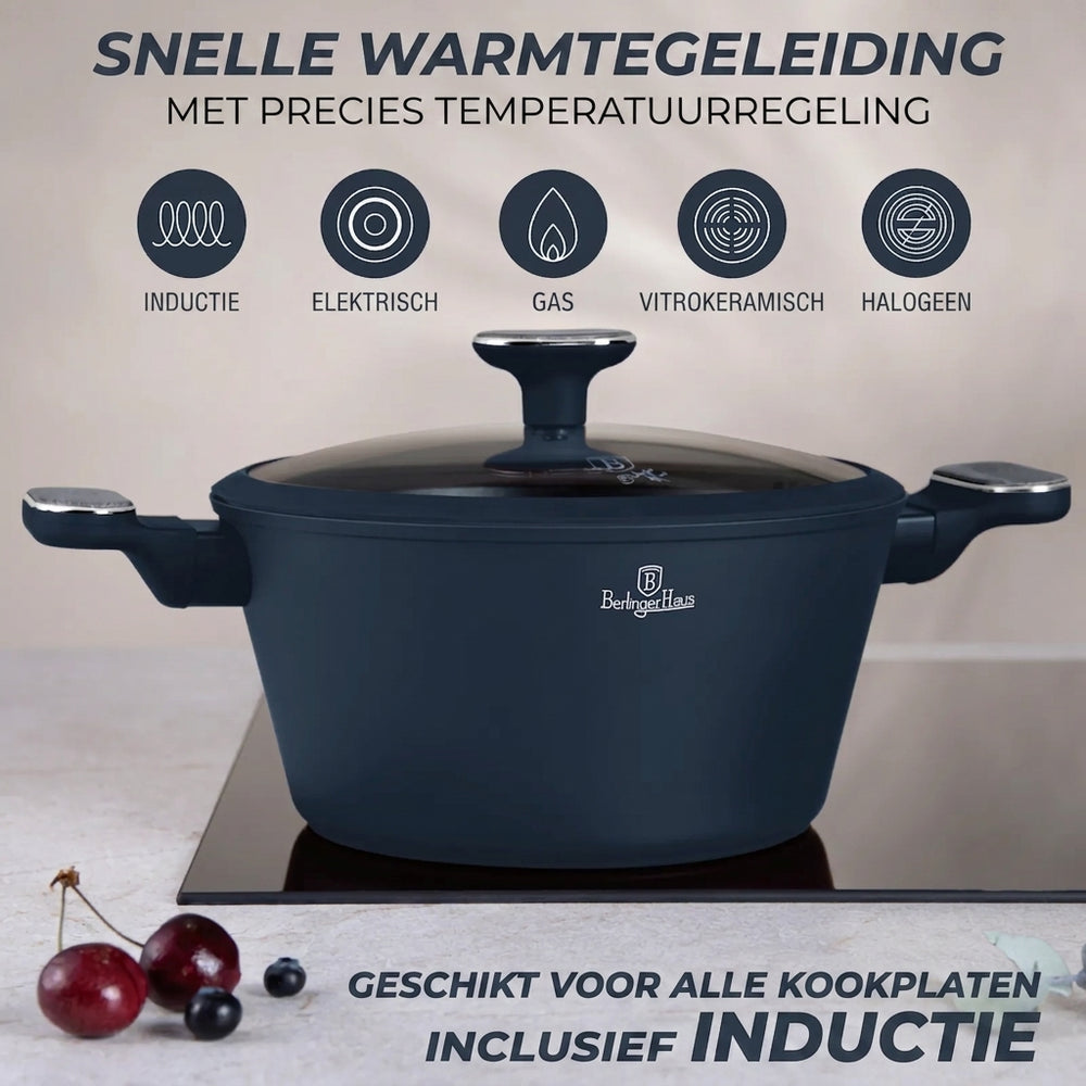 BerlingerHaus Pannenset Mat Blauw 11-Delig - Kookpan ø 20, 24, 28 cm, Koekenpan ø 24, 28 cm & Steelpan ø 16 cm - Geschikt voor alle warmtebronnen