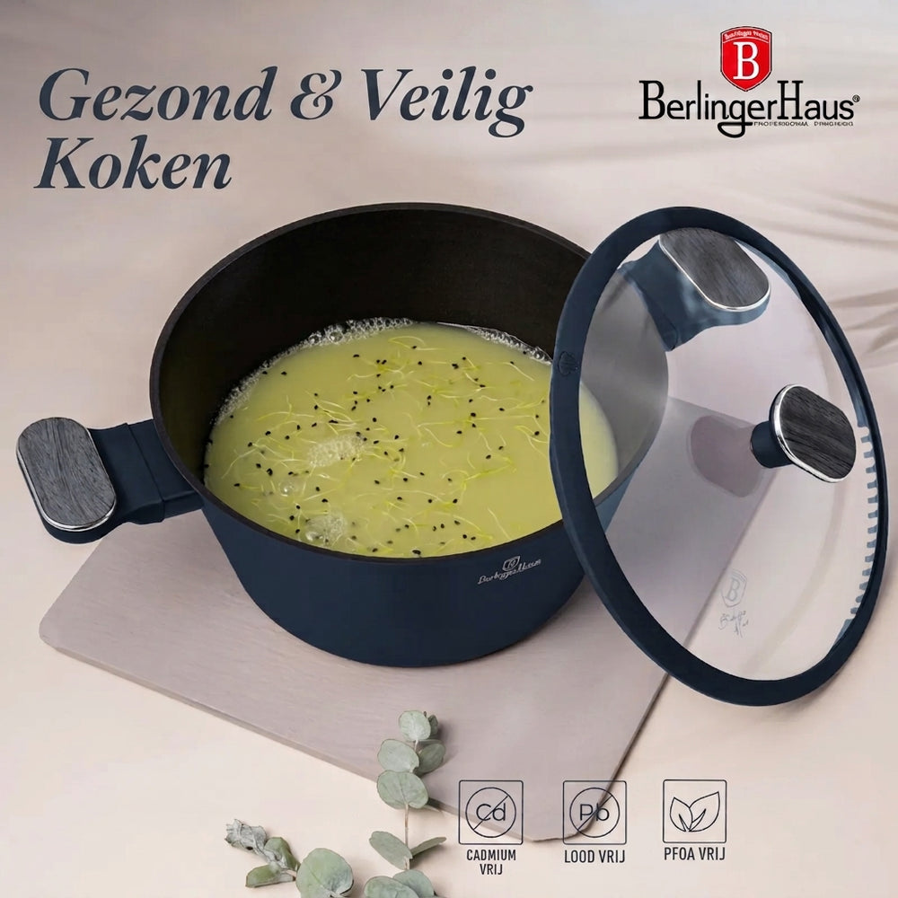 BerlingerHaus Pannenset Mat Blauw 11-Delig - Kookpan ø 20, 24, 28 cm, Koekenpan ø 24, 28 cm & Steelpan ø 16 cm - Geschikt voor alle warmtebronnen