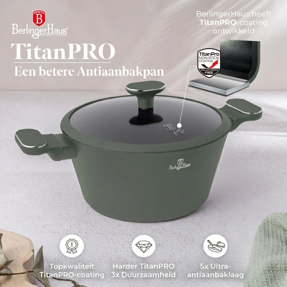 BerlingerHaus Pannenset Mat Groen 11-Delig - Kookpan ø 20, 24, 28 cm, Koekenpan ø 24, 28 cm & Steelpan ø 16 cm - Geschikt voor alle warmtebronnen