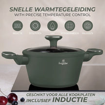 BerlingerHaus Pannenset Mat Groen 11-Delig - Kookpan ø 20, 24, 28 cm, Koekenpan ø 24, 28 cm & Steelpan ø 16 cm - Geschikt voor alle warmtebronnen